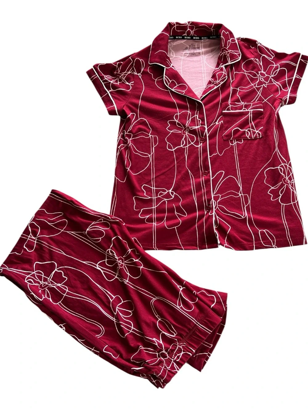 BCBG Burgundy Floral-Outline Short-Sleeve Pajama Set